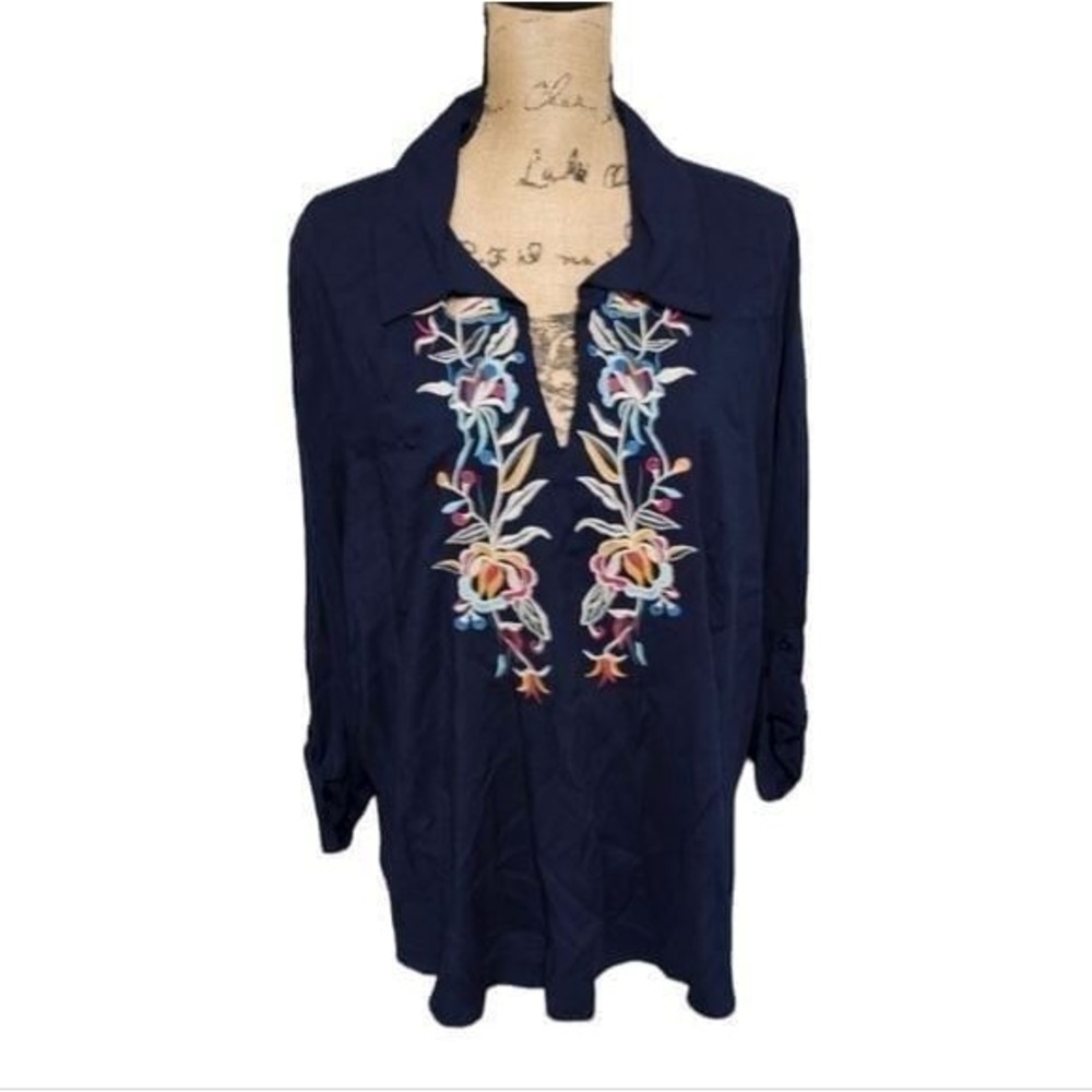 Anthropologie x RD‎ & KOKO Floral Embroidered Roll Tab Sleeve Shirt Plus Size 2X